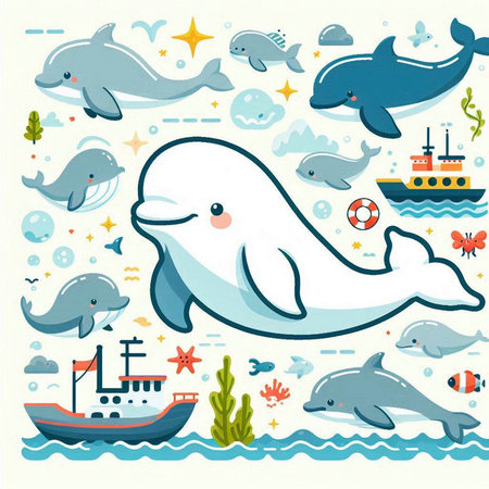 Vector illustration of cute cartoon whale, ship, starfish and other sea creaturesのイラスト素材
