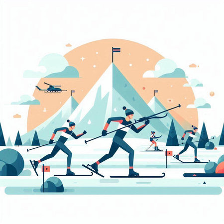 Winter sports. Flat style vector illustration. Group of people skiing in the mountains.のイラスト素材