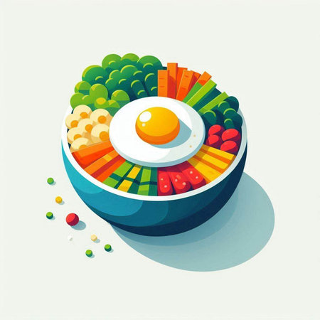 Fried egg and vegetables in a bowl. Vector illustration. Eps 10のイラスト素材