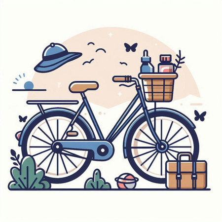 Bicycle with a basket of food, a hat and a suitcase. Vector illustration.のイラスト素材