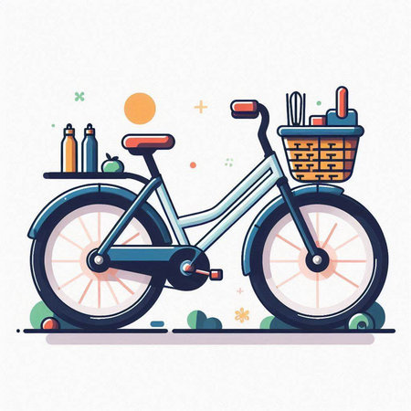 Bicycle with basket of food. Vector illustration in flat style.のイラスト素材