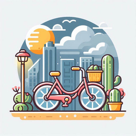 Bicycle and cactus in the city. Vector illustration in flat styleのイラスト素材