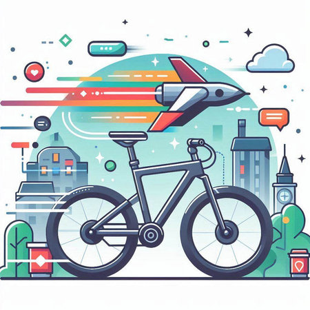 Bicycle with rocket on the background of the city. Vector illustrationのイラスト素材
