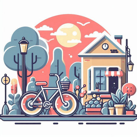 Bicycles on the street. Vector illustration in flat style.のイラスト素材