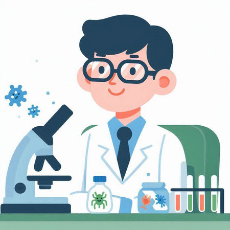 Scientist with microscope and test tubes in laboratory. Vector illustration.のイラスト素材