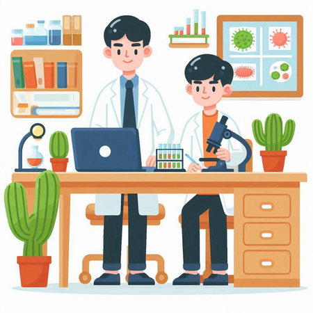 Scientist and student working at the laboratory. Vector illustration in cartoon style.のイラスト素材