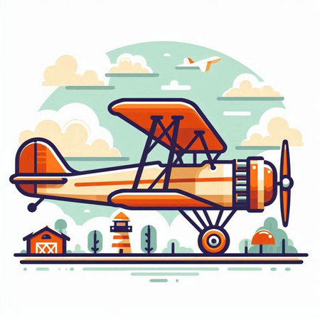 Airplane on the background of the city. Vector illustration in flat style.のイラスト素材