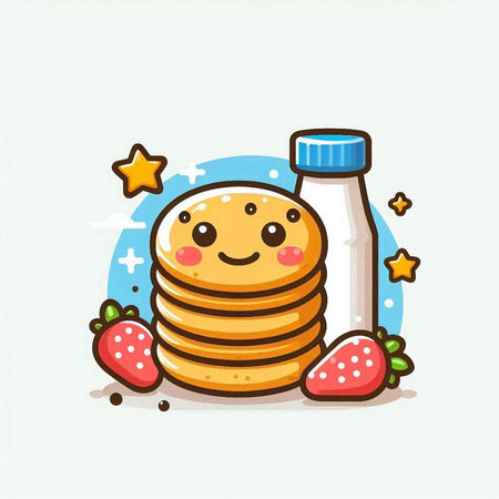 Cute pancake character with milk and strawberry. Vector illustration.のイラスト素材