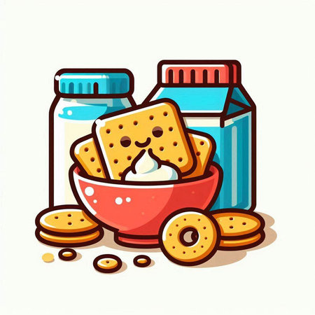Illustration of a bowl full of cookies and a jar of milkのイラスト素材