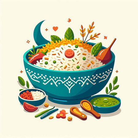 Vector illustration of a bowl of rice with vegetables, herbs and spicesのイラスト素材