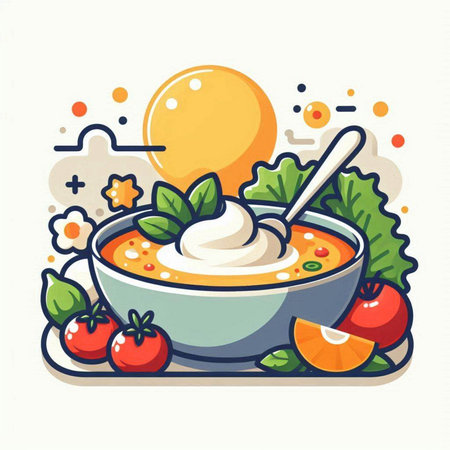Creamy soup with tomatoes and sour cream in bowl. Vector illustration.のイラスト素材
