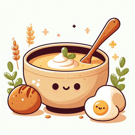 Cute vector illustration of soup in bowl with spoon and eggs.のイラスト素材