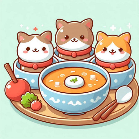 Illustration of Cute Cartoon Cats in Bowls with Soup.のイラスト素材