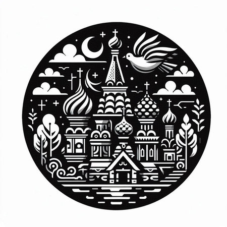 Vintage monochrome illustration with elements of Russian culture and symbolsのイラスト素材