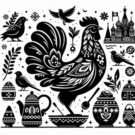 Vector illustration of a rooster in a Russian folk style. Black and white.のイラスト素材