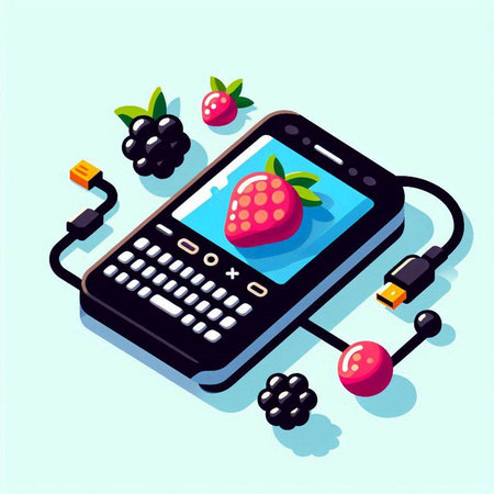 Mobile phone with blackberries and strawberries. Isometric vector illustration.のイラスト素材