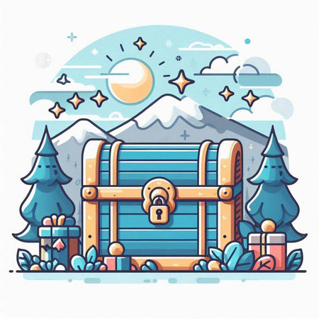 Vector illustration of a wooden chest with a closed lock and gifts in the mountains.のイラスト素材