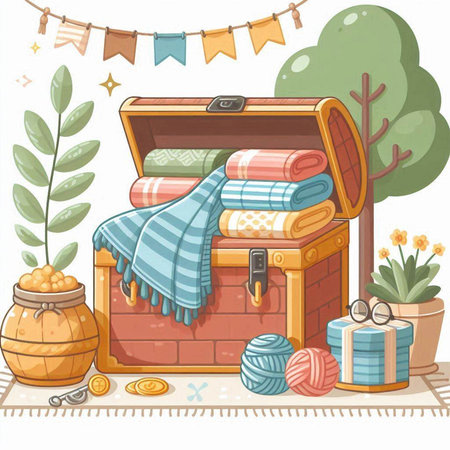 Vector illustration of an open wooden chest full of towels and other thingsのイラスト素材