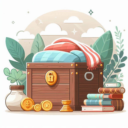 Wooden treasure chest with gold coins, books and towels. Vector illustration.のイラスト素材