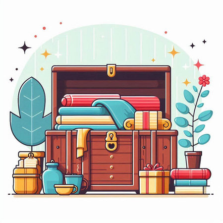 Vector illustration of a wooden chest with a set of different things for a holiday.のイラスト素材