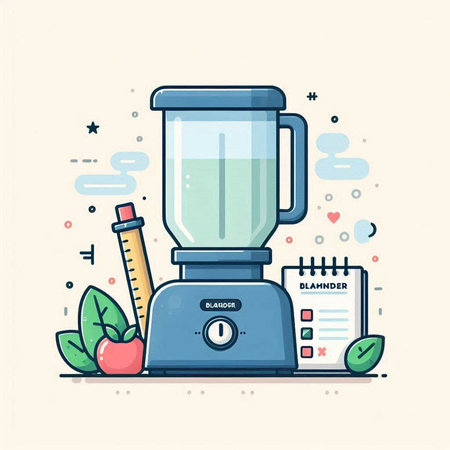 Modern flat design vector illustration concept of healthy lifestyle and nutrition. Juicer, apple, notebook, pencil, plant.のイラスト素材