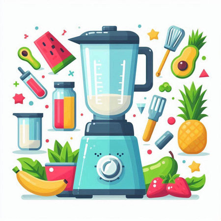 Kitchen blender with fruits and vegetables. Flat style vector illustration.のイラスト素材