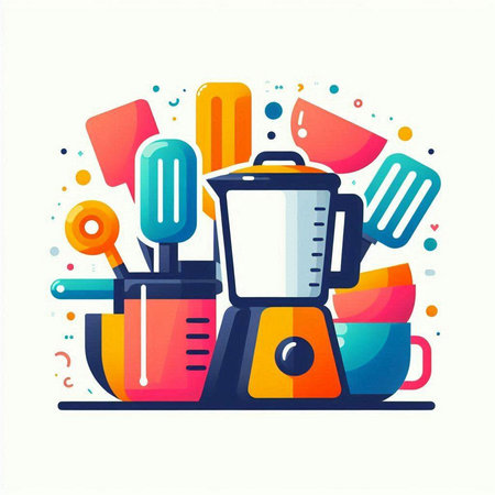 Colorful vector illustration of a blender and kitchen utensils.のイラスト素材