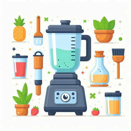 Kitchen blender with ingredients for making smoothies. Flat style vector illustration.のイラスト素材