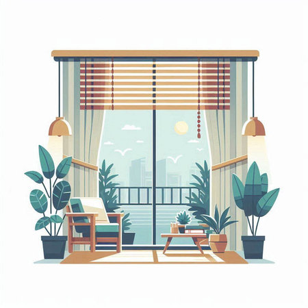 Living room interior with window, chair and plants. Vector illustration.のイラスト素材