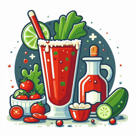 Vector illustration of a glass of tomato juice with celery, cucumber and mojitoのイラスト素材