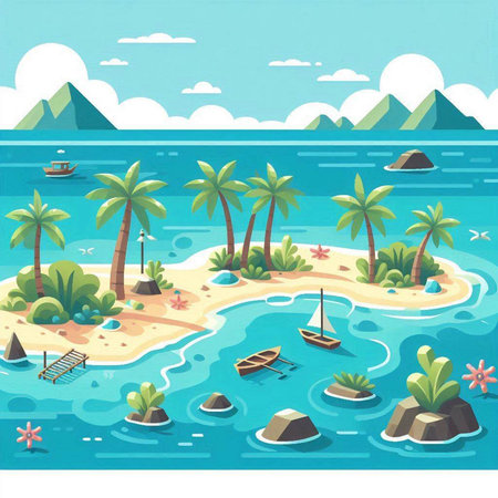 Tropical island with palm trees and boats. Vector illustration.のイラスト素材