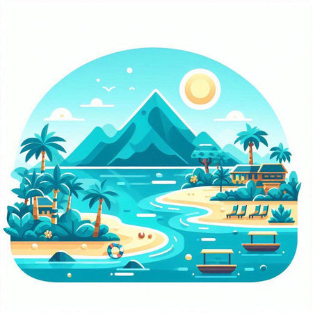 Tropical island with palm trees and sea. Vector illustration.のイラスト素材