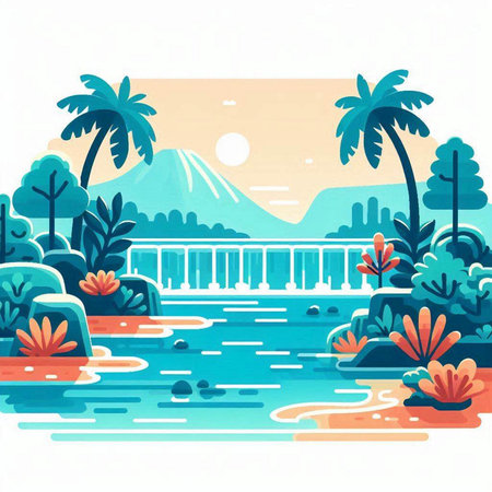 Tropical landscape with palm trees and lake. Flat style vector illustration.のイラスト素材
