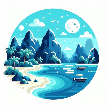 Beautiful seascape in a flat style. Vector illustration.のイラスト素材