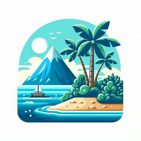 Island with palm trees and mountains. Vector illustration in flat styleのイラスト素材