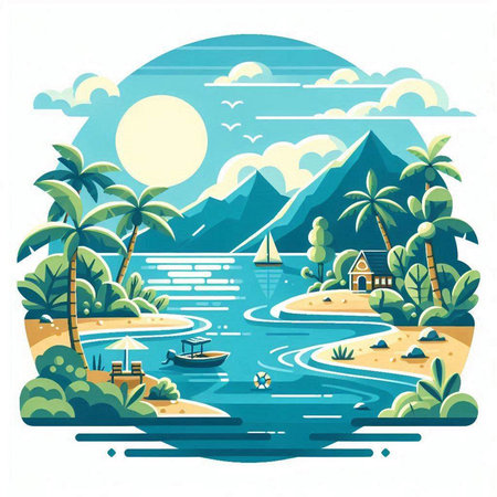 Landscape with tropical island and sea. Vector illustration in flat styleのイラスト素材