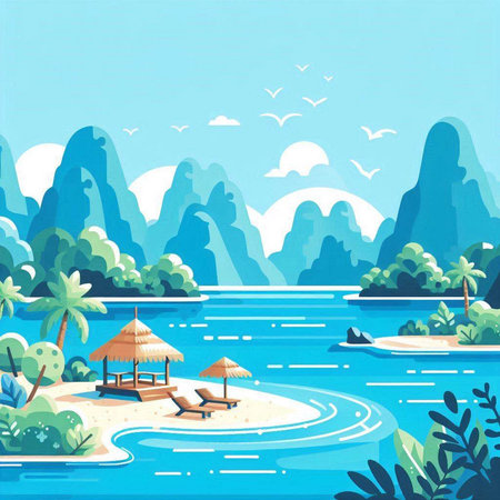 Landscape with tropical island and palm trees. Vector cartoon illustration.のイラスト素材