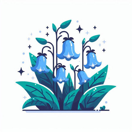 Bluebells with leaves and stars. Vector illustration in flat styleのイラスト素材