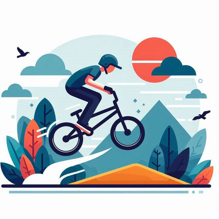 Cyclist riding a mountain bike. Flat design vector illustration.のイラスト素材