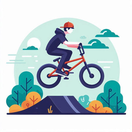 Cyclist in helmet riding a bicycle in the park. Flat vector illustration.のイラスト素材