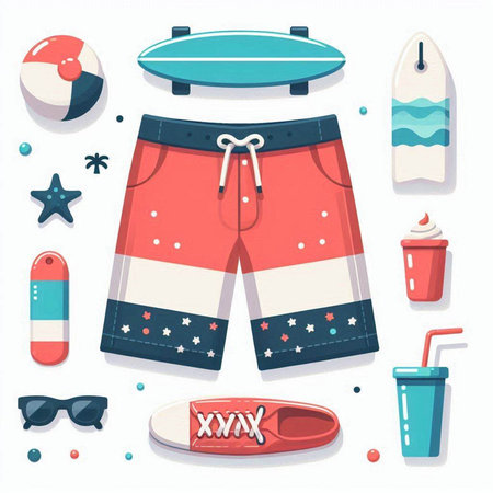 Summer beach set with swimming trunks, surfboard, sunglasses and cocktail. Vector illustrationのイラスト素材