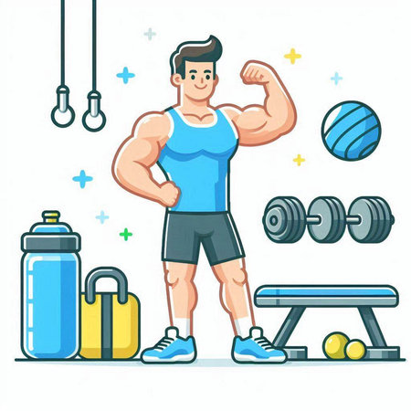 Vector illustration of a man flexing his biceps in the gymのイラスト素材