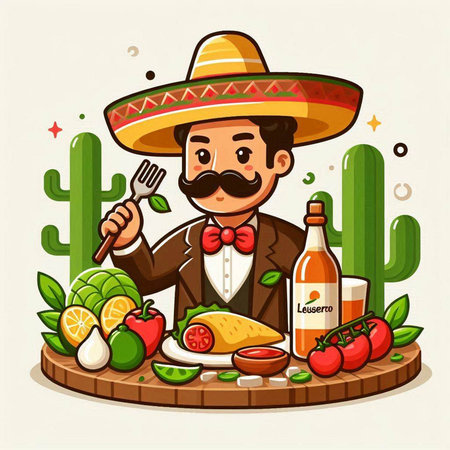 Mexican man in sombrero and mexican food vector illustrationのイラスト素材