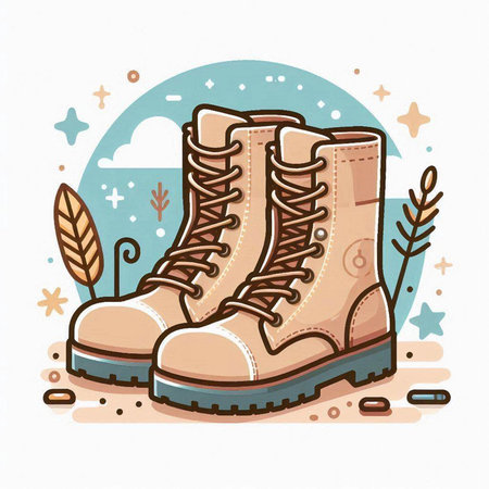 Pair of hiking boots. Vector illustration in doodle style.のイラスト素材