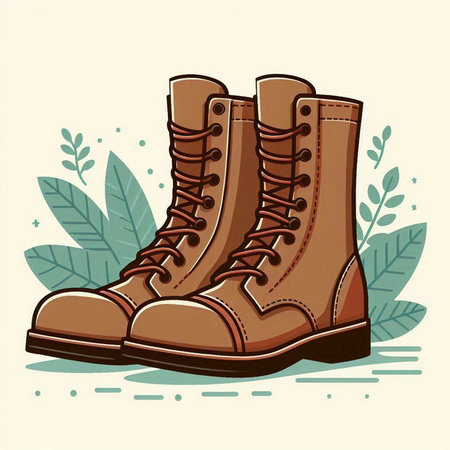 Hiking boots on background of leaves. Vector illustration in retro style.のイラスト素材