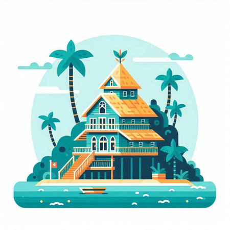 Tropical island with palm trees and house. Vector illustration.のイラスト素材