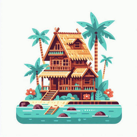 Wooden house on the island with palm trees. Vector illustration.のイラスト素材