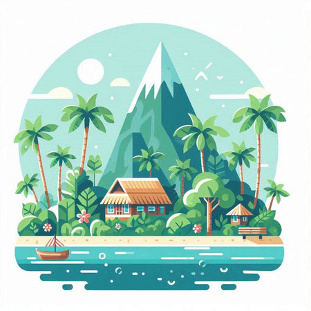 Flat design vector illustration concept of a tropical beach with palm trees, bungalows and mountain.のイラスト素材