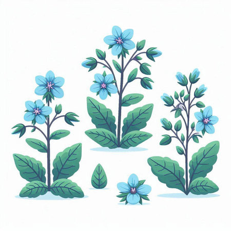 Blue flowers with leaves isolated on white background. Hand drawn vector illustration.のイラスト素材