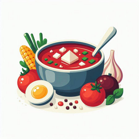 Illustration of a bowl of gazpacho soup with ingredientsのイラスト素材